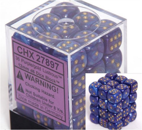 Chessex – Lustrous 12mm d6 Purple/gold Dice Block (36 dice)