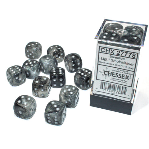 Chessex -  16mm D6 (12 Dice) Borealis Light Smoke/Silver Luminary
