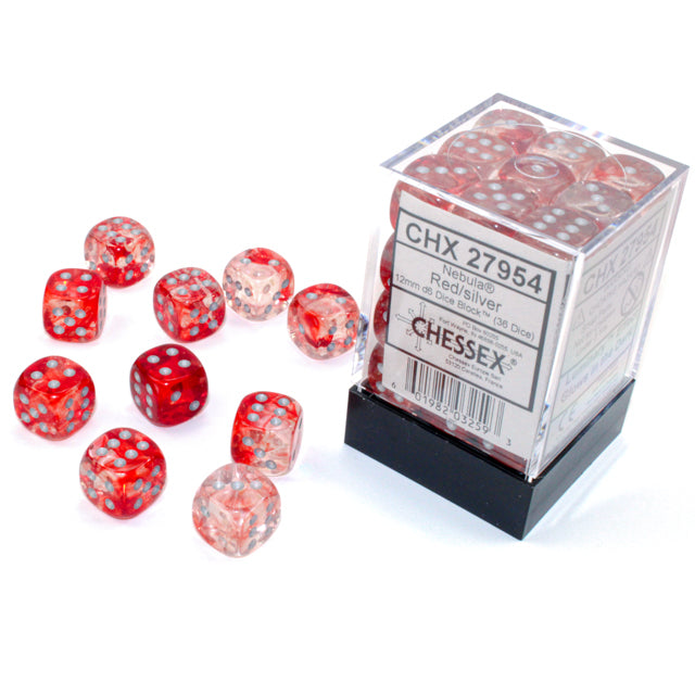 Chessex – Nebula 12mm d6 Red/silver Luminary Dice Block (36 dice)