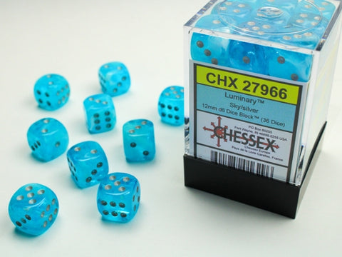 Chessex – Luminary 12mm d6 Sky/silver Dice Block (36 dice)