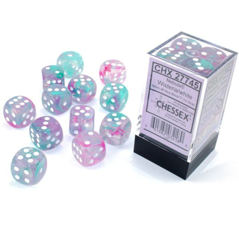 Chessex – Nebula Wisteria/White Luminary D6 Set of 12 (16mm)