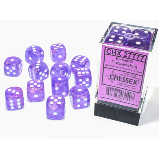 Chessex -  16mm D6 (12 Dice) Borealis Purple/White Luminary