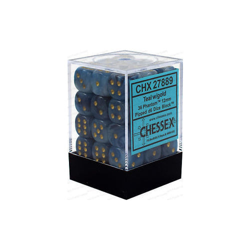Chessex – Phantom 12mm d6 Teal/gold Dice Block (36 dice)