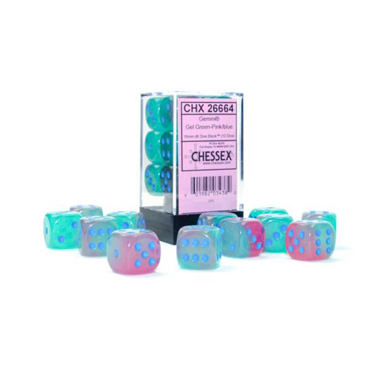 Chessex -  16mm D6 (12 Dice) Gemini Gel Green - Pink/Blue
