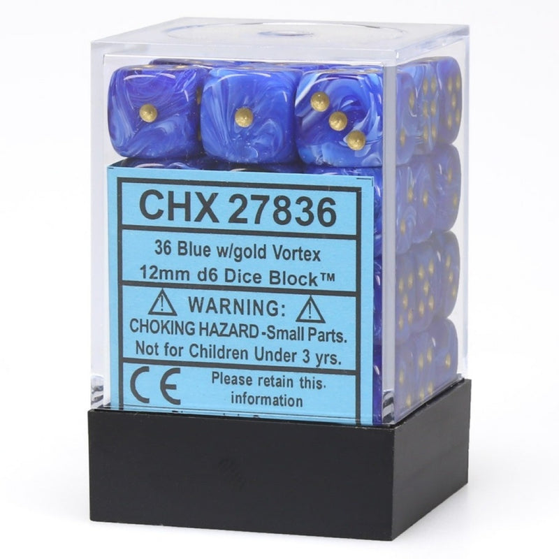 Chessex – Vortex 12mm d6 Blue/gold Dice Block (36 dice)