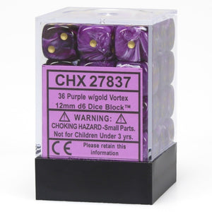 Chessex – Vortex 12mm d6 Purple/gold Dice Block (36 dice)