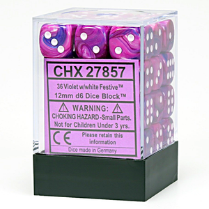 Chessex – Festive 12mm d6 Violet/white Dice Block (36 dice)