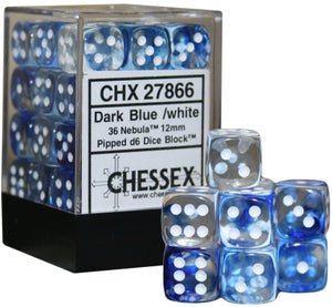 Chessex – Nebula 12mm d6 Dark Blue/white Dice Block (36 dice)