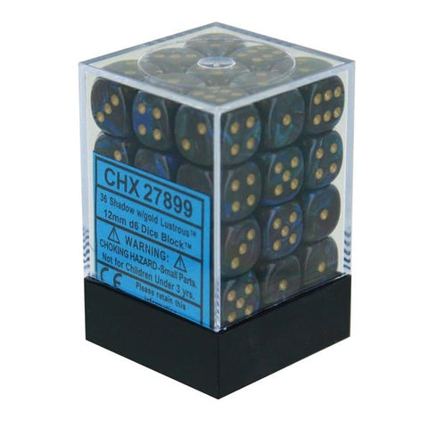 Chessex – Lustrous 12mm d6 Shadow/gold Dice Block (36 dice)