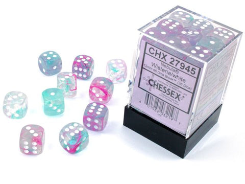Chessex – Nebula 12mm d6 Wisteria/white Luminary Dice Block (36 dice)