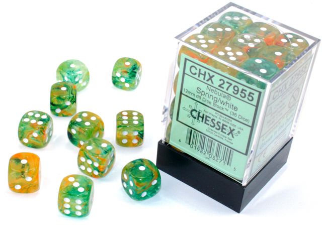 Chessex – Nebula 12mm d6 Spring/white Luminary Dice Block (36 dice)