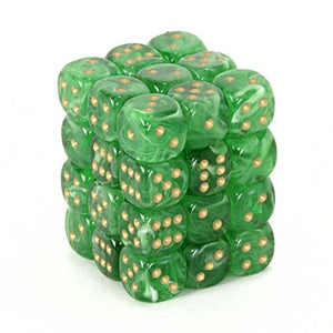 Chessex – Vortex 12mm d6 Green/gold Dice Block (36 dice)