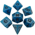 Mini Polyhedral Dice Set: Glow Blue with Black Numbers