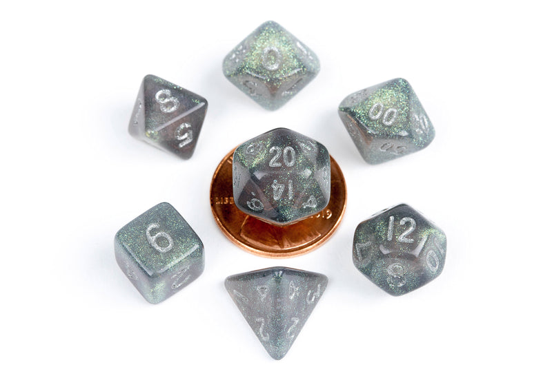 Mini Polyhedral Dice Set: Stardust Gray with Silver Numbers