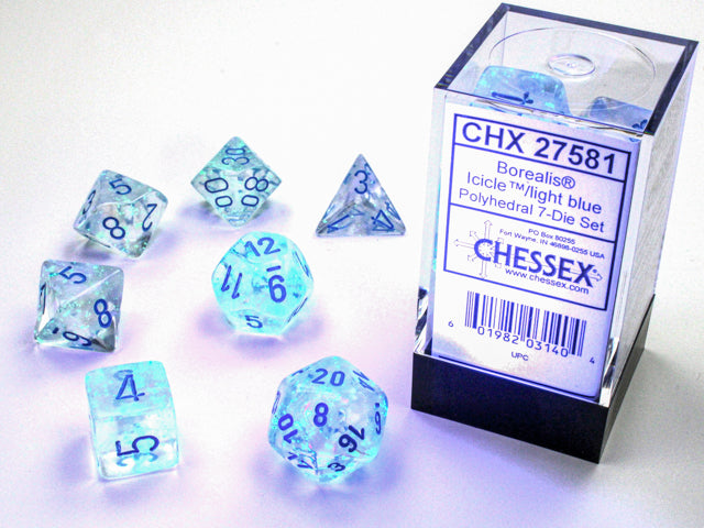 Chessex 7 Die Set - Borealis Icicle/light blue, Polyhedral 7-Die Set