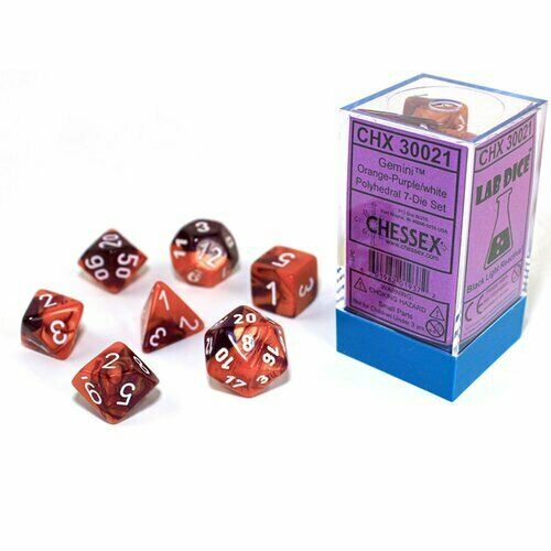 Chessex 7 Die Set - Gemini Orange-Purple/white, Polyhedral 7-Die Set