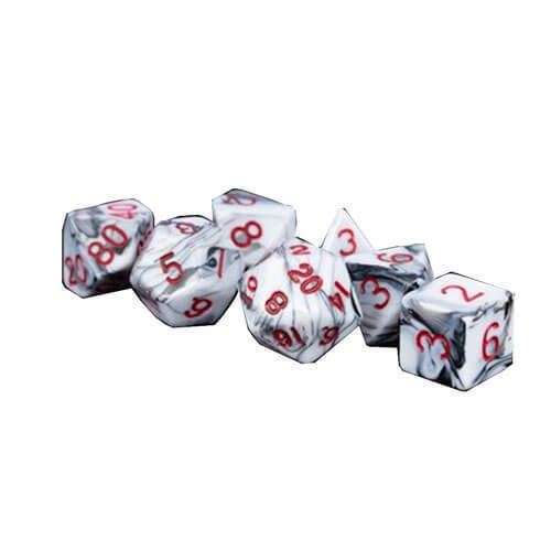 16mm Acrylic Poly Dice Set Marble w/ Red Numbers